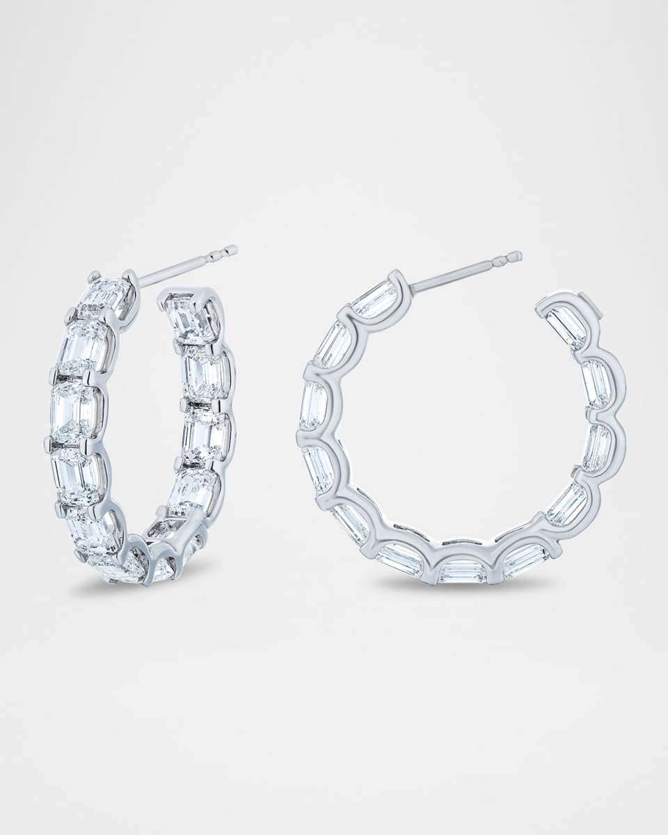 18K White Gold Emerald-Cut Diamond Hoop Earrings, 1"Dia., 10.08tcw